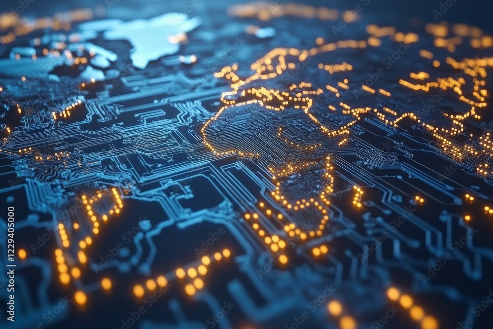 Poster Visual representation of a global digital network with circuit patterns and illuminated locations