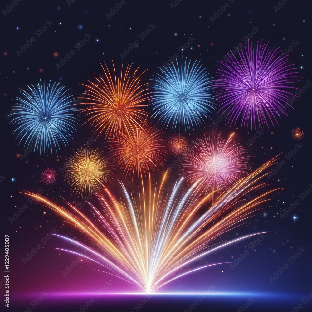 Poster multicolored fireworks exploding in a dark night sky, creating a festive atmosphere, ai generated