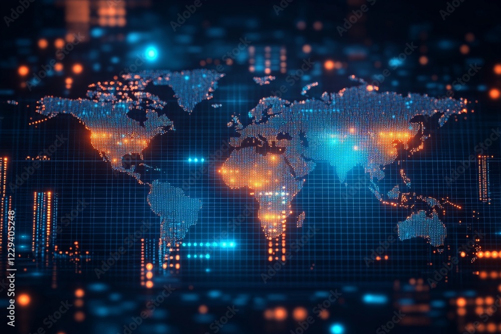 Aufkleber Digital map of the world illuminated with vibrant data points and connectivity lines showcasing global networks