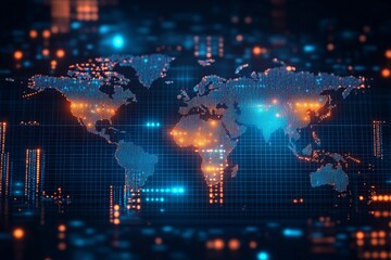 Digital map of the world illuminated with vibrant data points and connectivity lines showcasing global networks