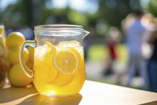Pitcher with dresh lemonate at table. KI generiert, generiert, AI generated