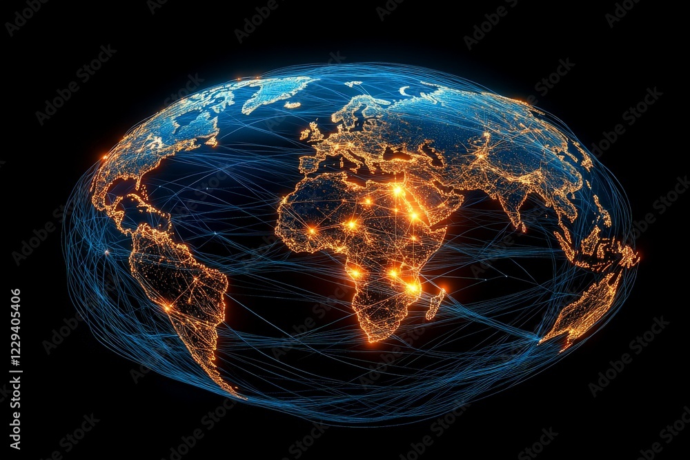 Poster global connectivity illuminated by vibrant light trails depicting the flow of information across con