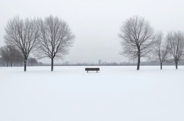In the middle of a vast, snowy field, there stands a solitary bench