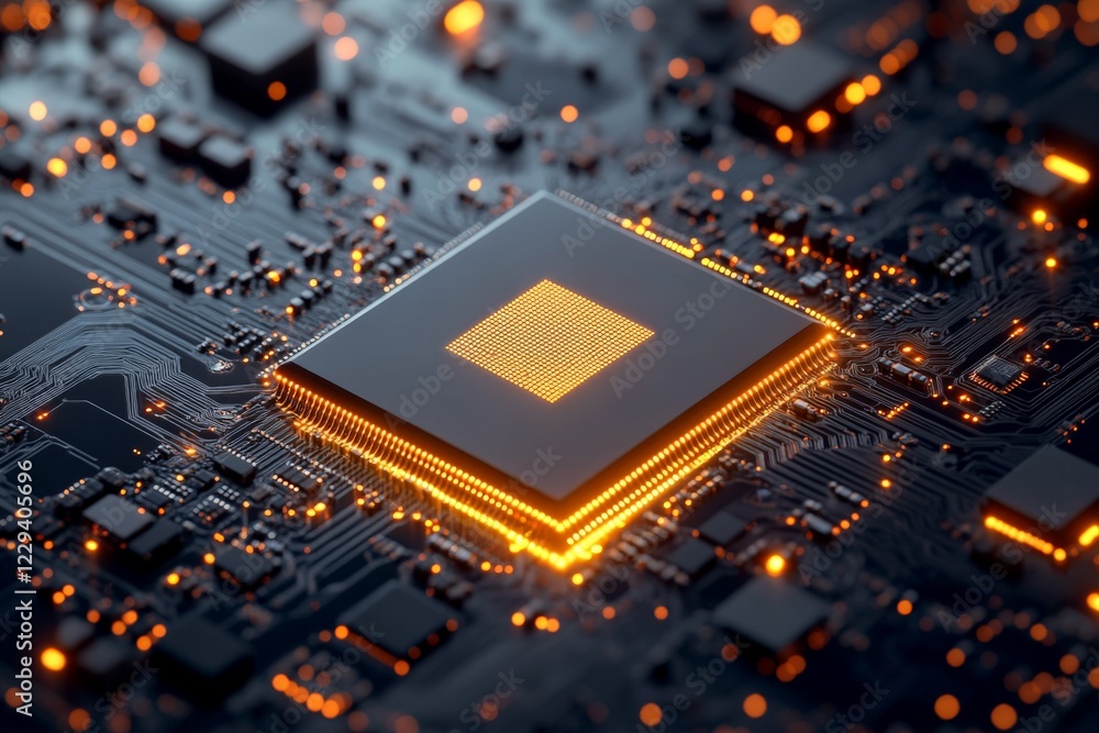 Poster illuminated microprocessor on a circuit board showcasing intricate technology and design details