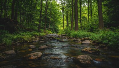 Obraz premium A beautiful river meanders through a lush and vibrant green forest