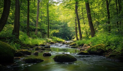 Obraz premium A beautiful river meanders through a lush and vibrant green forest