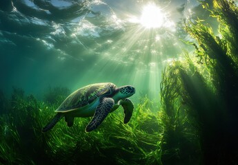 Obraz premium Majestic Sea Turtle Swimming Gracefully Through Lush Underwater Forest of Seaweed Beneath Sunlit Surface in Crystal Clear Ocean Water
