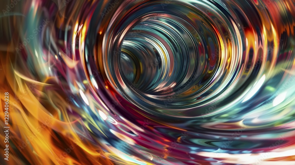 Poster a vivid abstract tunnel-like swirl with a blend of bright colors, creating a dynamic sense of motion