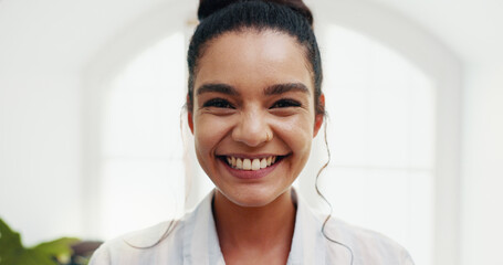 Portrait, smile and woman in bathroom for skincare, morning routine and hygiene for natural beauty....