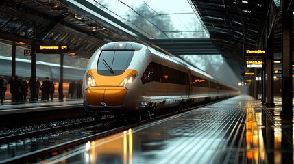 Obraz premium A Realistic View of a Train Arriving at a Station with Passengers Waiting on the Platform, Capturing Anticipation and Calm, Ideal for Transportation, Commuting, and Travel Themes. --