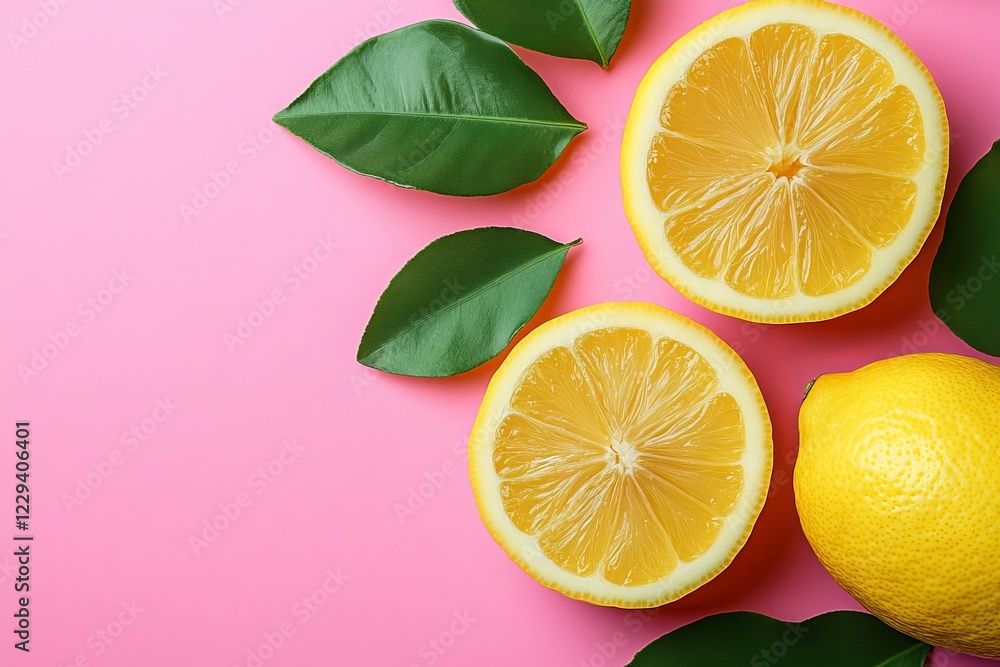 Poster freshly cut lemons and leaves arranged on a pink background create a vibrant and refreshing visual