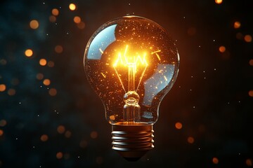 Bright light bulb shining with sparks against a dark backdrop in an artistic depiction of illumination and creativity
