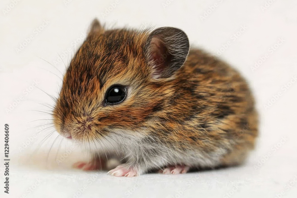 Poster small rodent with spotted fur resting on a light surface in a calm indoor environment