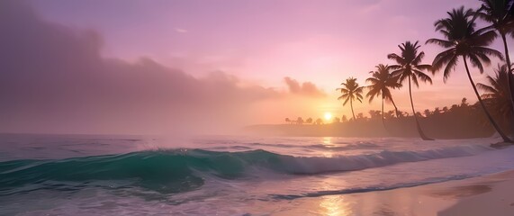 A serene palm beach view displaying pastel colors in the gentle sunset reflecting against the waves