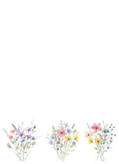 Greeting card template with watercolor flowers, floral  wedding, birthday invitation hand drawing.