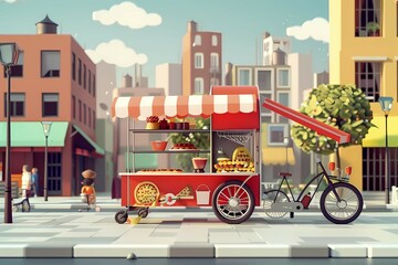 Fototapeta premium Colorful street food cart with fruits and bread, parked by a bicycle in a sunny city, street food, illustration, 3D, AI generated