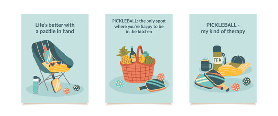 Set of pickleball concept posters. Pickleball and leisure objects. Concept of sport, active lifestyle, leisure, and outdoor recreation. Vector hand drawn cards.