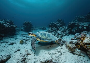 Fototapeta premium Majestic Sea Turtle Swimming Gracefully Through Vibrant Coral Reef in Crystal Clear Ocean Waters Underneath Sunlight from Above