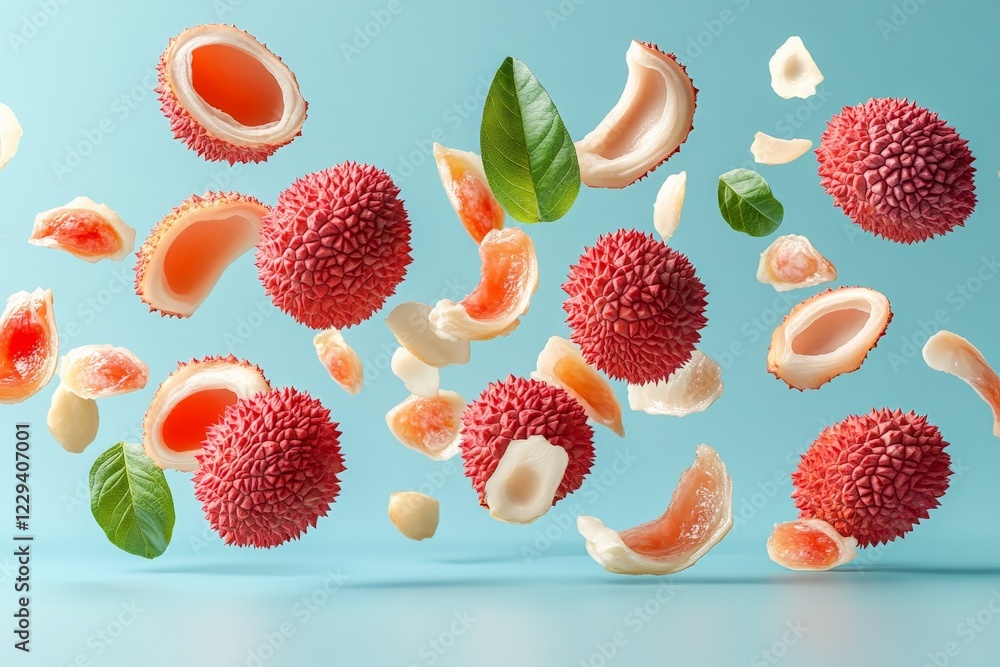 Aufkleber vibrant lychee fruits floating in the air against a light blue background with scattered pieces and 