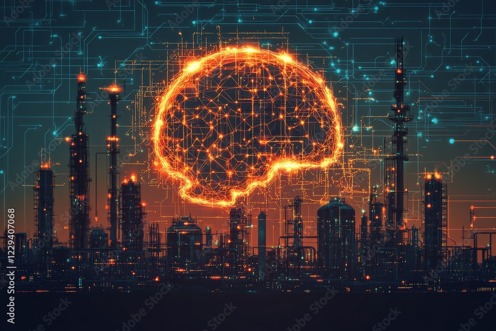 Poster City skyline illuminated by glowing brain symbolizing the fusion of technology and urban development at dusk