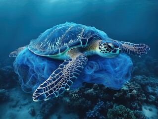 Fototapeta premium Majestic Sea Turtle Swimming Gracefully Through Vibrant Coral Reef Surrounded by Colorful Marine Life in Clear Blue Ocean Waters