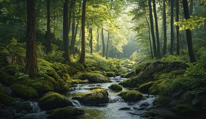 Fototapeta premium A beautiful river meanders through a lush and vibrant green forest