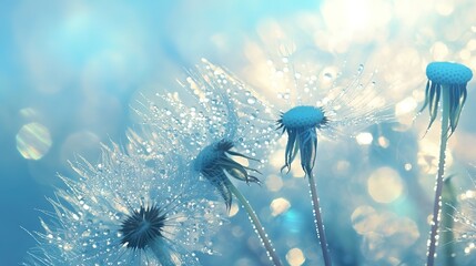 Wildflowers on a bright spring day, Reflections on seeds, dandelion seeds with water drops macro photo