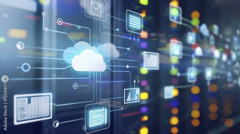 Poster futuristic image of cloud computing and technology networks in a data center with blue tones, ai gen