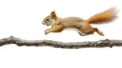 Obraz premium A Red Squirrel Leaping from Branch to Branch, Isolated on White Background, Representing Wildlife, Forest Animals, and Action in Nature, Ideal for Wildlife Conservation and Education Themes. 