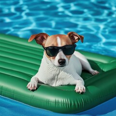 A stylish dog relaxes on a float in a vibrant blue pool, enjoying a sunny day.