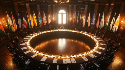 International Diplomacy:  Circular Conference Table with Flags