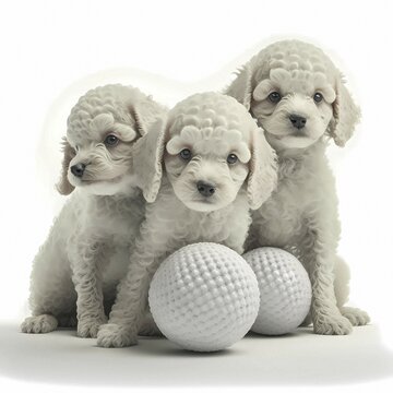 Portrait Puddel puppys playing with a ball in front of a white background, Ai generated Art