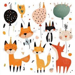 Naklejka premium A whimsical illustration of playful foxes with colorful balloons celebrating.