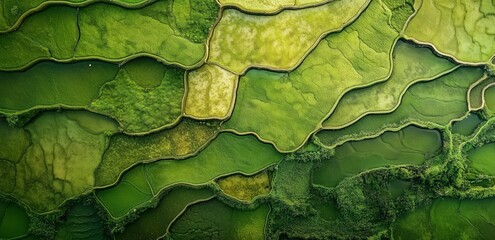 Aerial View of Lush Green Landscapes: An abstract aerial view of rolling green hills and valleys, captured with a drone, creates a breathtaking texture of verdant hues and natural formations. 