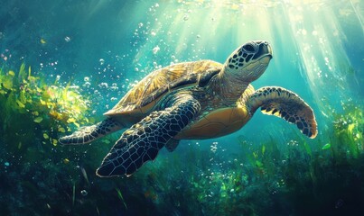 Fototapeta premium Majestic Sea Turtle Swimming Gracefully Through Vibrant Ocean With Sunlight Filtering Through Water And Surrounding Greenery Enhancing Underwater Scene