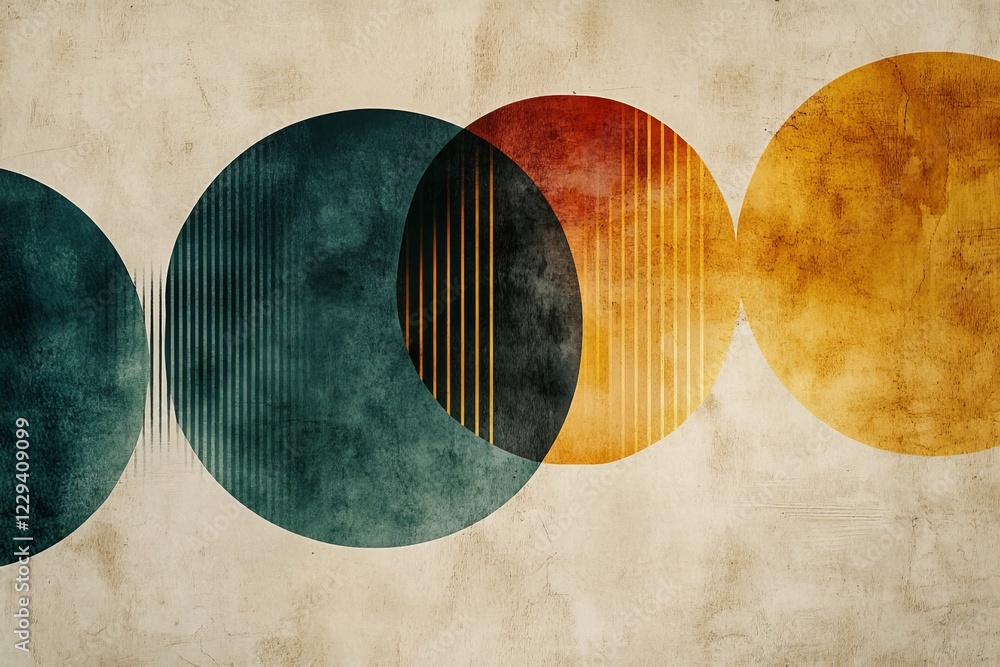 Poster abstract art featuring overlapping circles in earthy tones and textured background in a modern setti