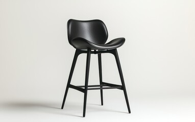 Black leather bar stool on white background, empty modern interior