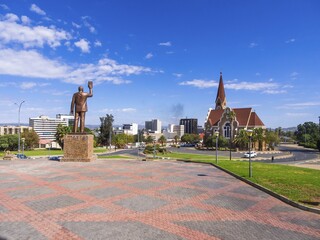 Statue of Dr. Sam Nujoma with Church of Christ, Windhoek, Namibia, Africa