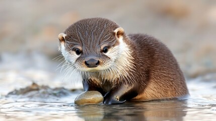 Fototapeta premium Closeup of a Cute Brown Otter Holding a Stone in Water