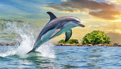 Obraz premium AI generated, A dolphin (Delphinidae) (Delphinus delphis), dolphin, sideways, sunset