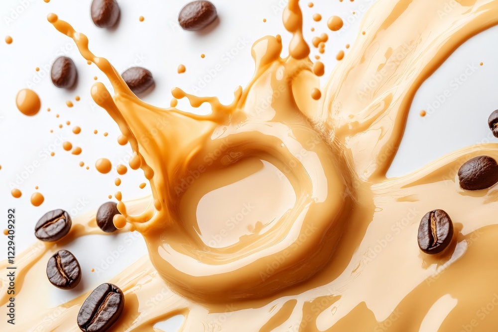 Poster coffee splash captures the dynamic blend of dark beans and creamy liquid on a white surface
