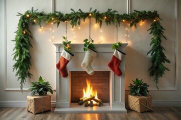 Simple Christmas mantel: stockings and garlandâ€”a minimalist, yet stunning festive display.