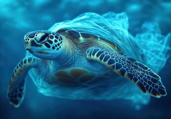 Fototapeta premium Majestic Sea Turtle Swimming Gracefully Through Vibrant Underwater Environment Surrounded by Soft Blue Hues and Gentle Ocean Currents