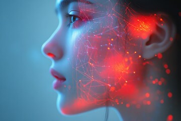 Fototapeta premium Young woman with glowing digital patterns on face in futuristic setting at night