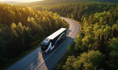 Drone View of Hydrogen-Powered Truck on Forest Highway with Sustainable Transport Concept, Daytime Aerial Shot of Eco-Friendly Vehicle Driving on Road Surrounded by Lush Green Trees, 