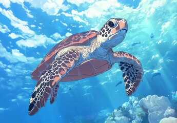 Fototapeta premium Majestic Sea Turtle Swimming Gracefully Through Vibrant Underwater Scene Captured in Stunning Detail and Brilliant Colors