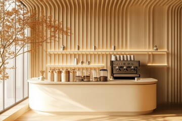 Modern coffee bar with minimalist design and warm tones in a spacious environment