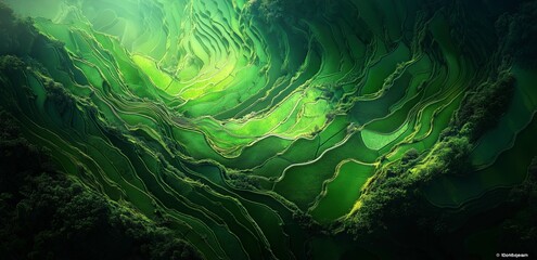 Obraz premium Emerald Abyss: An aerial view of vibrant green terraced rice paddies creating a mesmerizing swirling pattern, resembling an abstract emerald abyss.