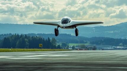Obraz premium An electric airplane prototype taking off from a runway, showcasing the potential for a zero-emission future in air travel.