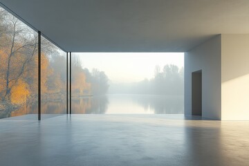 Fototapeta premium Modern interior with large windows overlooking a misty lake and autumn trees during early morning light